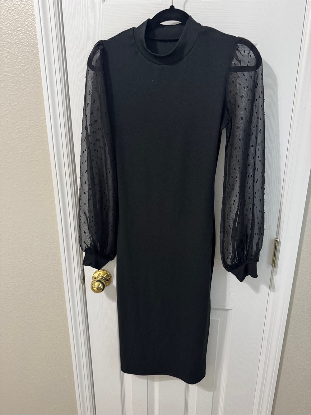 Black Sheer-Sleeve Midi Dress - Elegant Women's Dress